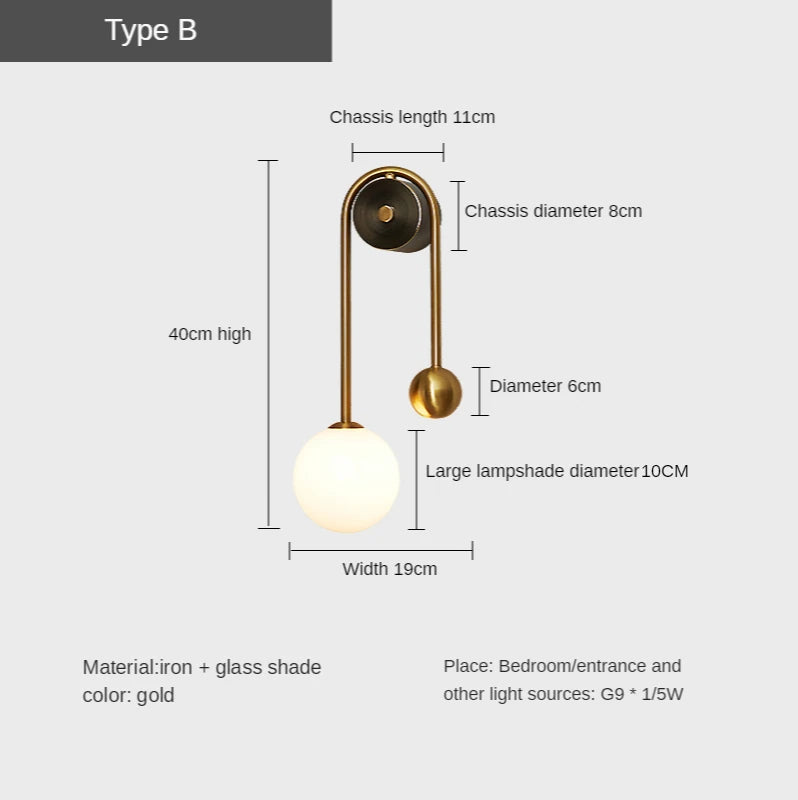 Applique murale moderne abat-jour boule de verre LED Or