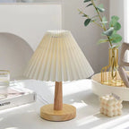 Nordic Pleated Fabric Table Lamp Wood Base Bedside