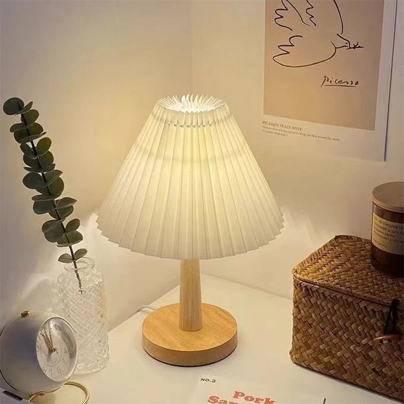Nordic Pleated Fabric Table Lamp Wood Base Bedside