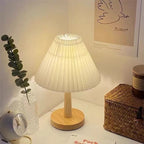 Nordic Pleated Fabric Table Lamp Wood Base Bedside