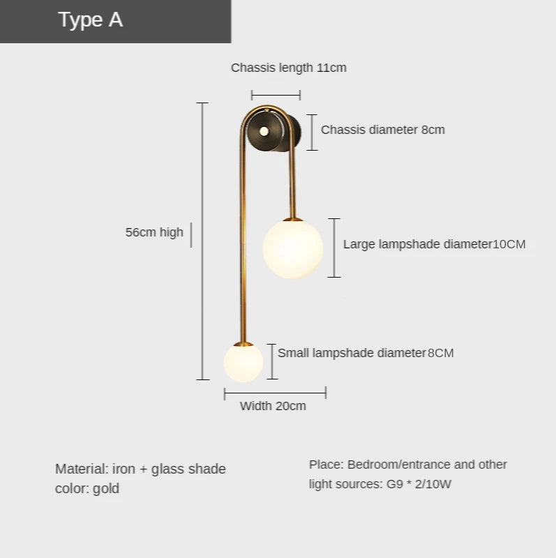 Applique murale moderne abat-jour boule de verre LED Or