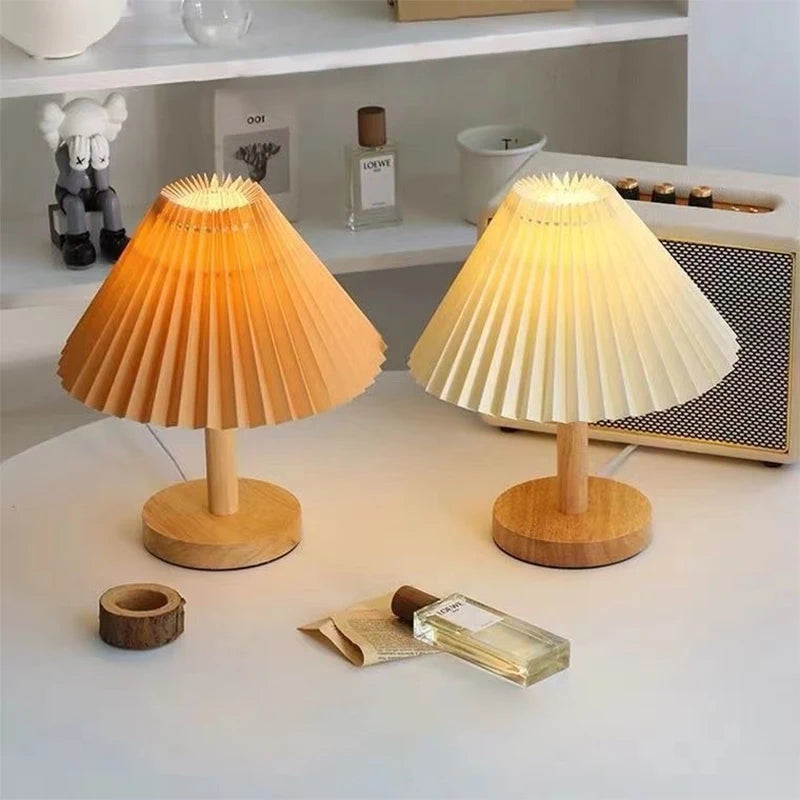 Nordic Pleated Fabric Table Lamp Wood Base Bedside