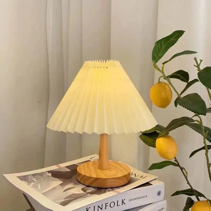 Nordic Pleated Fabric Table Lamp Wood Base Bedside