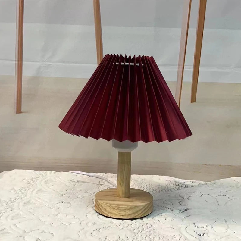 Nordic Pleated Fabric Table Lamp Wood Base Bedside
