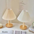 Nordic Pleated Fabric Table Lamp Wood Base Bedside