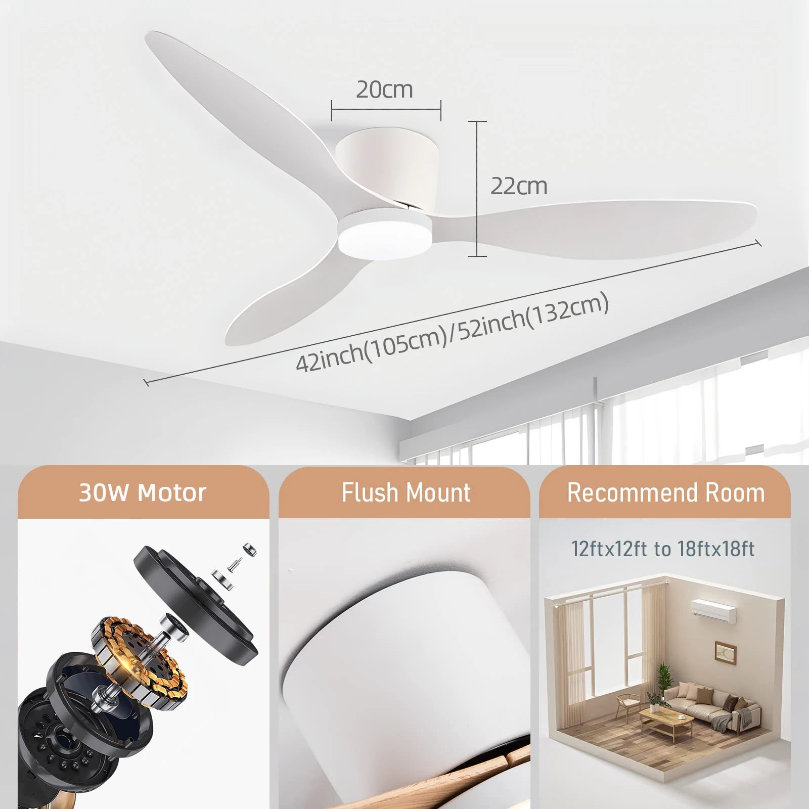 Ceiling Fan with Light DC Motor Remote Control Reversible