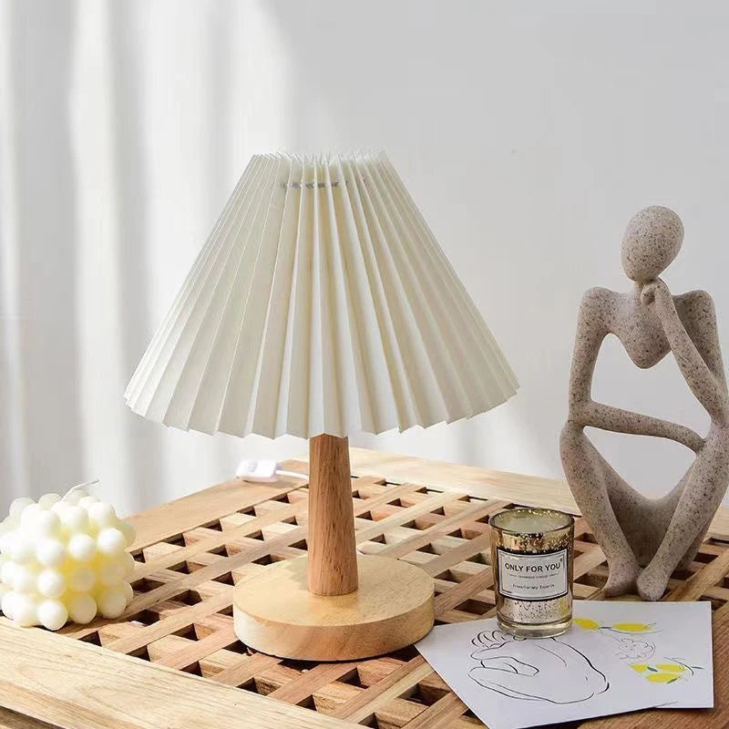 Nordic Pleated Fabric Table Lamp Wood Base Bedside