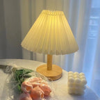 Nordic Pleated Fabric Table Lamp Wood Base Bedside