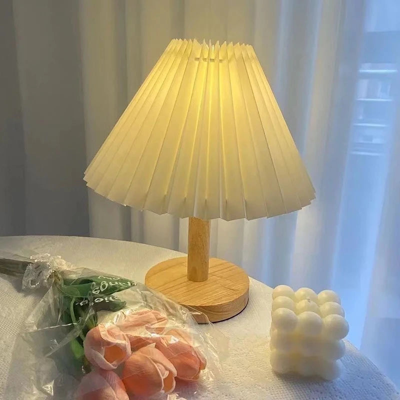 Nordic Pleated Fabric Table Lamp Wood Base Bedside