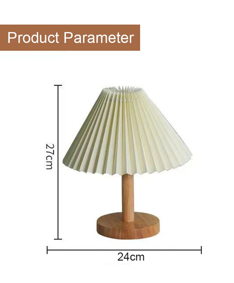 Nordic Pleated Fabric Table Lamp Wood Base Bedside