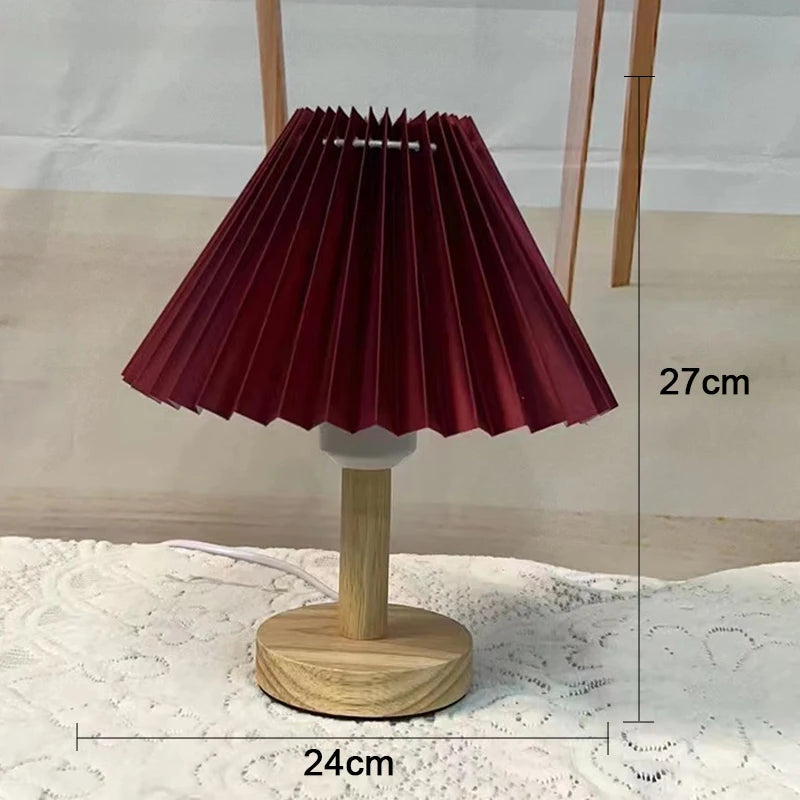 Nordic Pleated Fabric Table Lamp Wood Base Bedside