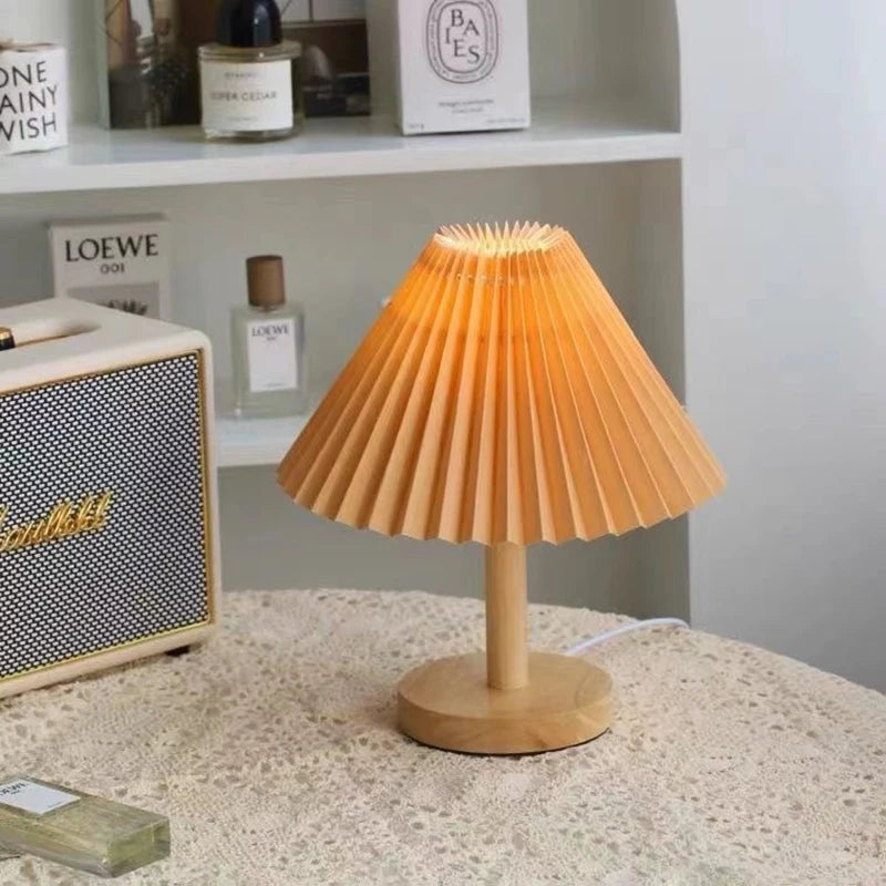 Nordic Pleated Fabric Table Lamp Wood Base Bedside