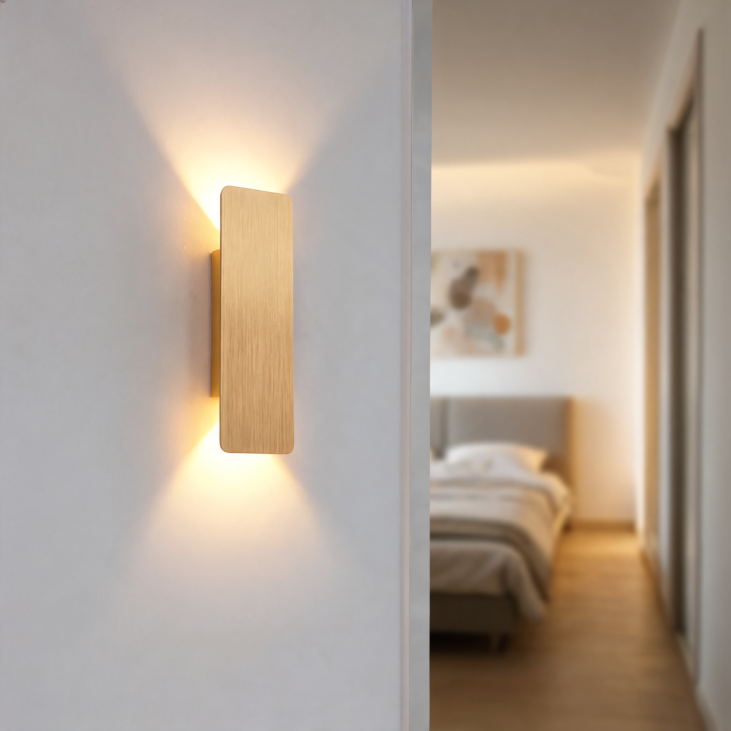 Modern minimalist LED wall lamp in a styled bedroom corridor