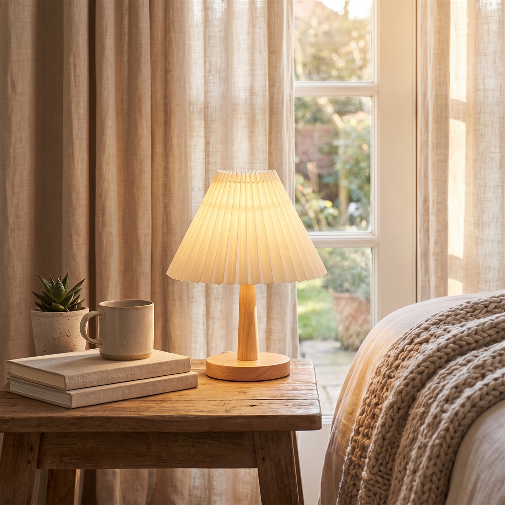 Nordic Pleated Fabric Table Lamp Wood Base Bedside