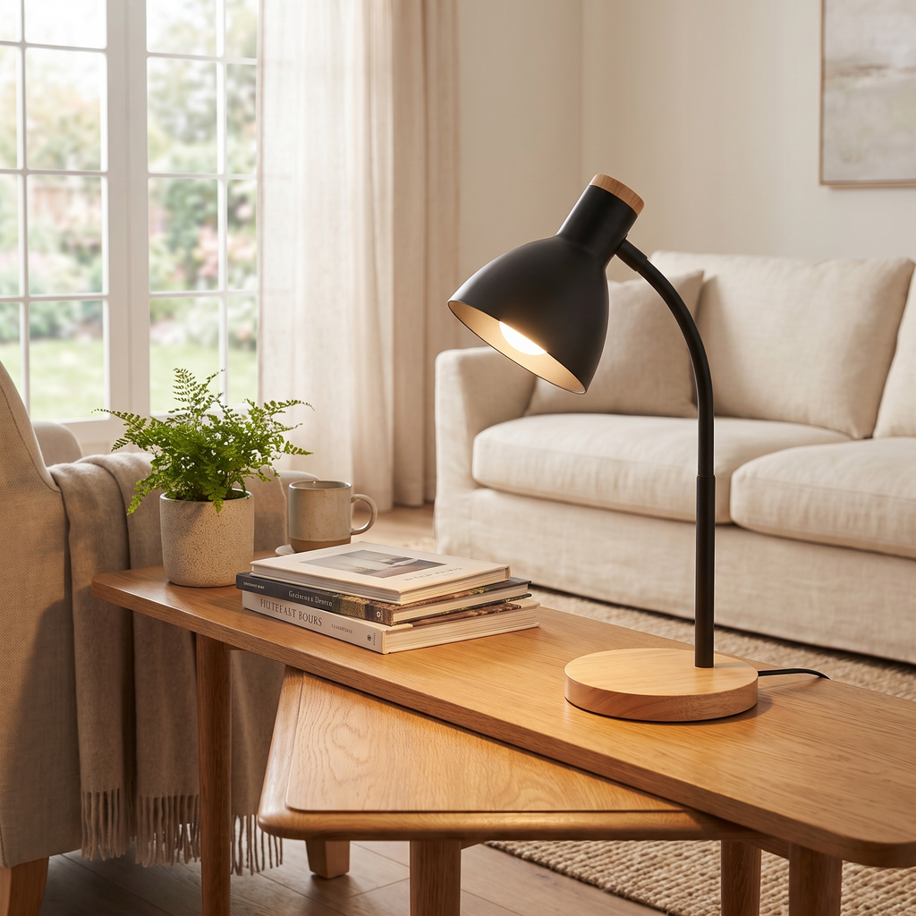 Nordic Table Lamp Flexible Gooseneck Iron Shade Wood Base