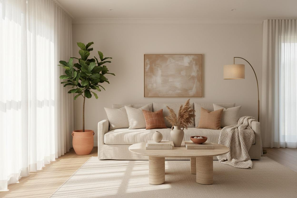 Warm neutral styled living room promo slide